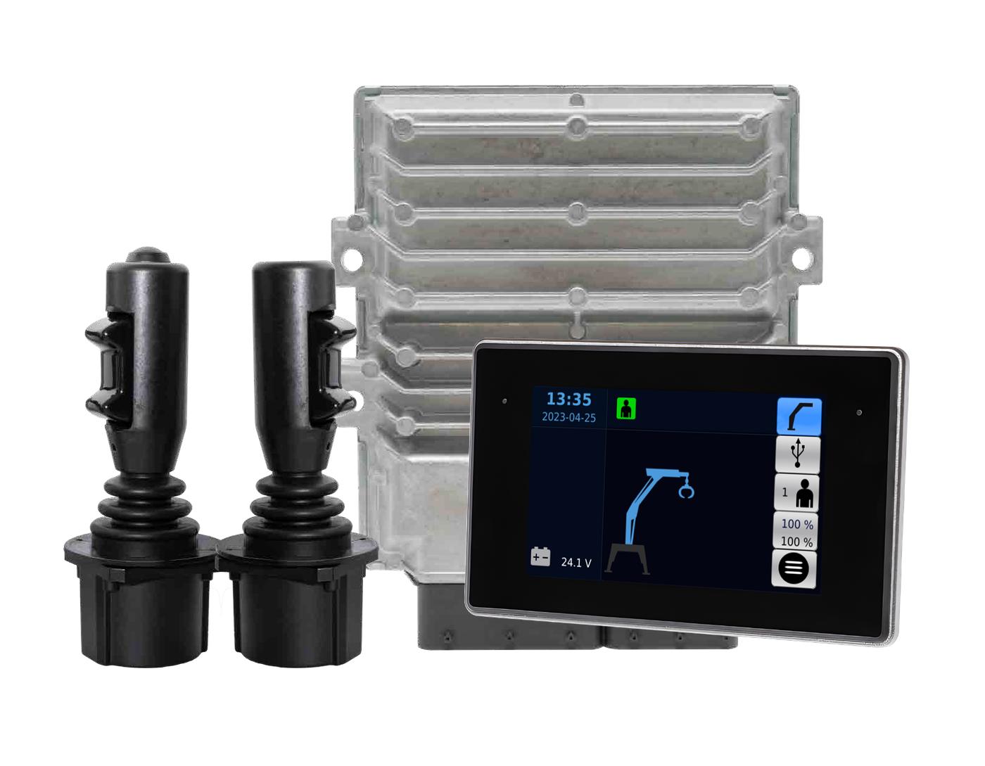 xCrane control system from Technion: control unit, touch screen display and two crane joysticks